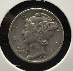 1943 Mercury Dime, 90% Silver, United States Mint
