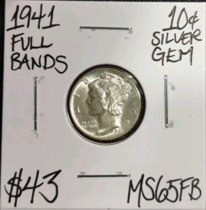 1941 MS65FB Full Bands Silver Mercury Dime