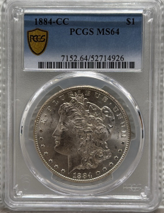 Rare 1884-CC Morgan Dollar, PCGS MS64, Carson City Mint, Serial: 7152.64/52714926