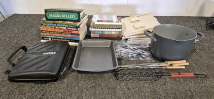 Assortment of How To Reload Guns Books, Cooking Pot, Baking Pan, Camping Cookwear, Bag of Utensils, (2) Hanging Storage, LapTop Case