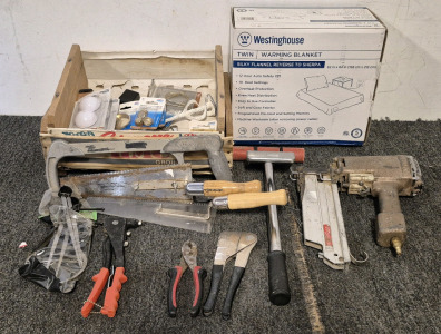 Vintage Tools, Nail Gun, Other Various Tools and Miscellaneous Items, (2) Vintage Wood Grape Boxes