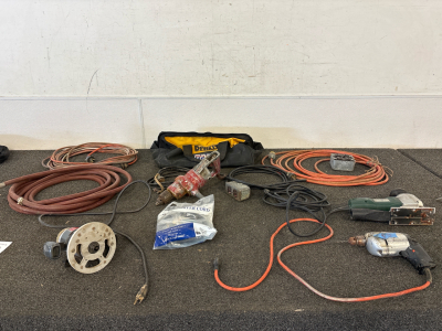 Metabo STE 105 Plus, Skil Router 548, Milwaukee Special Slow Speed Drill, Dewalt Tool Bag, and Assorted Cables