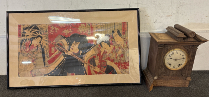 ANTIQUE CLOCK AND JAPANESE PAINTING 2ft 9 inches x 1ft 7.5 inches