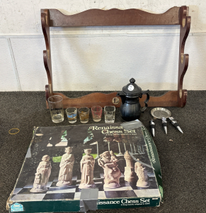 VINTAGE GLASSES, GUN RACK, CHESS SET, AND WINE STOPPERS