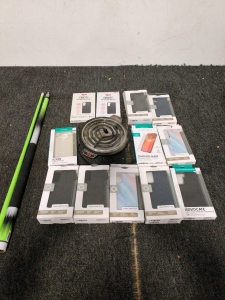 Assortment of phone cases a pool stick and a hot plate burner