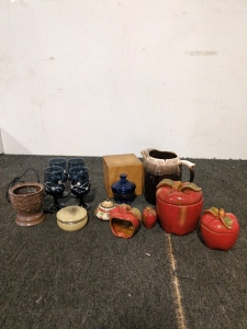 Set of Apple jars and four cute navy glasses with flowers on them and some cute Containers
