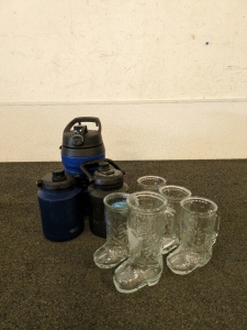 Set of 5 Boot beer Glasses and three Thermoses
