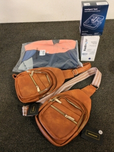 Two cute brown Cross Body Bags Freshwater Mineral Spa Sanitizer and Blood Pressure Monitor and a 3xl Goldfin Women's Wet suit top