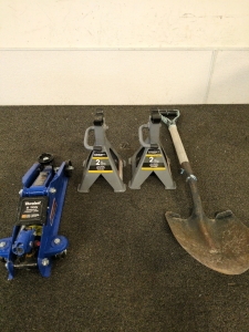 2 Ton Car Jacks and a shovel and a Rubbermaid Cooler