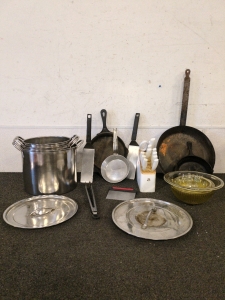 Yellow Bowl set of 3 Two cast iron Pans White Knife set with holding block