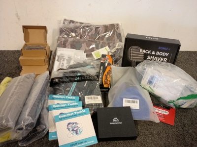 Ice Traction Cleats, Camo Pants, Reaction Tackle High Performance Braided Fishing Line Along With Other Various New Items