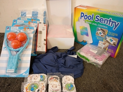 Pool And Water Toys, women's L Swimsuit, 2 Kids Water Table Cover, Zeilling Thermo Travel Mug, 4- 100pc Sticker Sets, Water Bottle Purse Carry Bag, Pool Sentry Water Level Control, M Tennis Skirt For Women