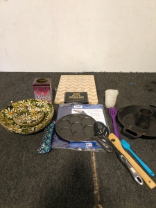 Cutting board and bowls and cast iron pans