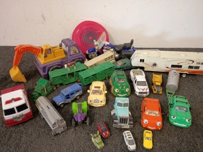 Various Toy Cars, Trucks, And Trailers