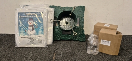 LaBuBu Protective Case (3), Vintage Metal Christmas Tree Stand (Very Heavy), 5 Artificial Snow Blankets