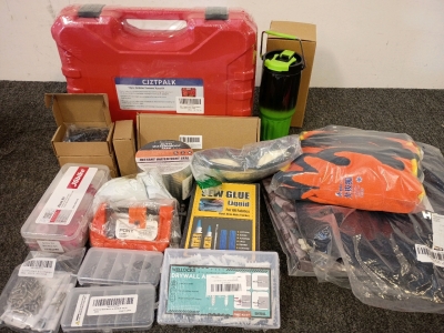 New In Package Radiator Pressure Tester Kit, 6 Pack Work Gloves, 4 Boxes Truss Head Screws, Drywall Anchor Set, Waterproof Tape, Mug, Hydraulic Disc Brake Bleed Kit, Hernia Belt for Men, Sew Glue Liquid Camo Pants XL, Navy Service Pants 32/34 New