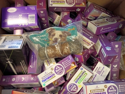 An Assortment Of Pet Items As In Toothpaste And Chew Bones And A Few More Mystery Items