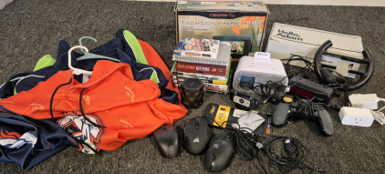 Cosair (2) Computer Mouse, Logitech Computer Camera, 7" Digital Photo Frame, Box of Legos, Bluetooth Alarm Clock, Sharp Alarm Clock, Computer Cords, Ailun Glass Screen Protectors, Gaming Controllers, Metal Wallet, iHome Bluetooth Speaker, PS2 Games, Card