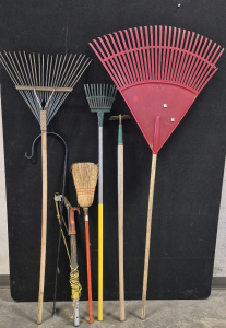 (3) Rakes, Garden Plant Holder, Mini Broome, Tree Limp Cutting Tool, Garden Hoe