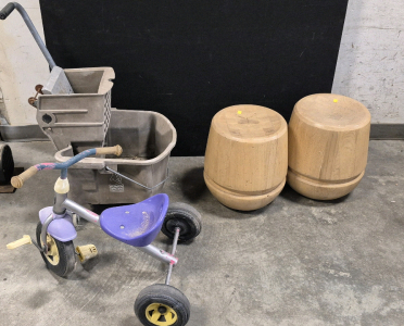 (2) Wood Stool Seats, Kids Trike, Mop Bucket