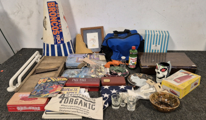 Vintage Collectables, Bowling Ball and Bag, Puzzles, Window Curtains, BSU Bullhorn, Cat Decorative Plates, Snowmen Floating Candle Set, Bathroom Slip Bars, Books, Flash Comics, Shot Glasses, Tins, Dog Clippers, 1847 Roger's Bros Silverware