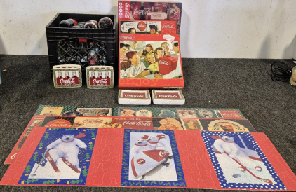 Coca-Cola Collectables, (3) Puzzles, Bathroom Decor, Create Full Of Unopened Coke Products