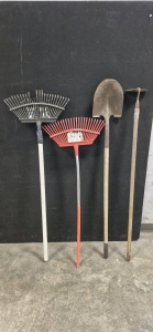 Garden Tools, (2) Rakes, Shovel, Hoe