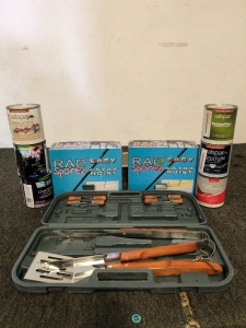 Grilling Accessories and various paints including semi gloss red semi gloss blue and more plus two kayak hoists