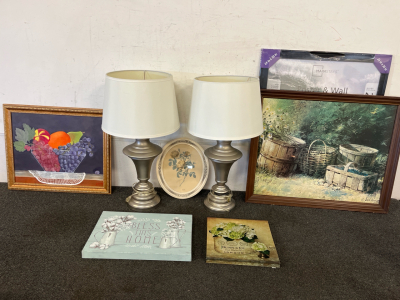 Paintings, (2) Lamps, A Vintage Picture Of Roses, And A Picture Of Hydrangeas