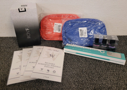 (2) Cross Body Bags, (4) Lexi White Forehead Wrinkle Patches, (1) Iron Flask Cup, (1) Suilu Gel Nail Polish, And (1) Camera Strap