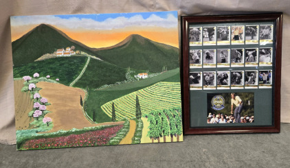 Framed PGA Card Set & Painting Of Vineyard