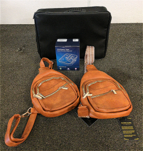 (2) Cute Brown Crossbody Bags, Blood Pressure Monitor, And A Fire Proof File Organizer