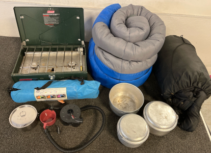 Camping Stuff Including; (2) Sleeping Bags, A Coleman Propane Camp Stove, Coleman 4D Quick Pump Battery Powered, And 3-4 Person 78.7x78 7x53.2 Inch Tent & Much More!!!