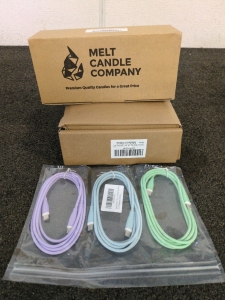 Grey Bean Bag Cover, (3) Type C Chargers, (3) White Melt Candles