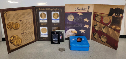 Historical Gold Eagle Replicas, Symbols of Freedom Coin, Sig Sauer Romeo Zero 1x24mm Micro Reflex Sight, Seattle Seahawks Zippo Lighter, And Dollar Coin
