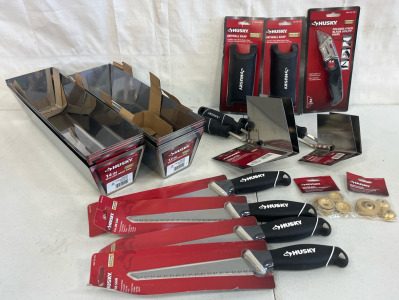 Husky Drywall Equipment Including 6 In Jab Saws, Drywall Rasps, Corner Tools, Hopper Gun Replacement Nozzles & Welded Mud Pans