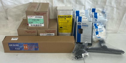 Eemax FlowCo Electric Tankless Water Heater, (3) Boxes Of 25 Ct Charlotte Schedule 40 Pressure 1-1/2x3/4 Reducer Brushing, Universal Shop Vac Filters & Attatchments, & 313 Replacement Air Filter
