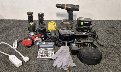 Robin Drill and Battery Charger, Kawasaki 19.2V Battery and Charger, (7)Lights, Calculator, Battery Charger, (6)D Batteries in Case, Surge Protector and Very Soft New Grey Gloves
