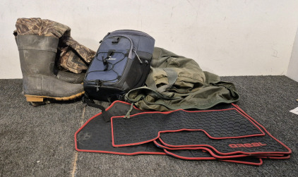 Fishing Boot Overalls, Cooler Backpack, (2)Duffelbags, Nice Car Mats