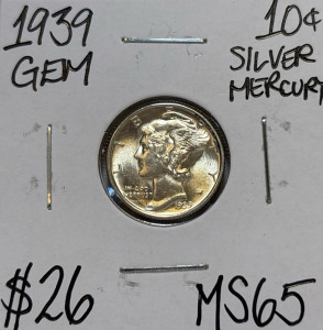 1939 MS65 Gem Silver Mercury Dime