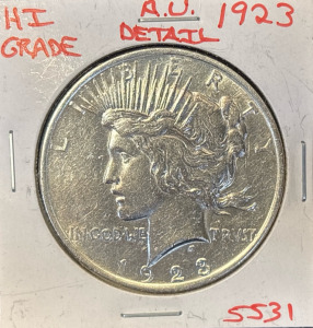 1923 Silver Library Peace Dollar Coin A.U. Details Hi Grade