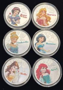 (6) Disney &ldquo;Princess&rdquo; Silver Plated Collector Coins