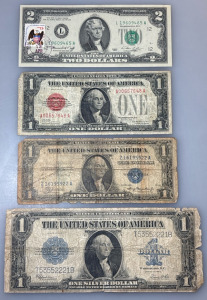 4-Piece Old U.S. Paper Money Set &ndash; $2 Stamped, Red & Blue Seal, Collectible