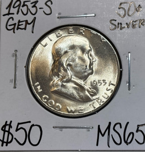 1953-S MS65 Gem Silver Franklin Half Dollar