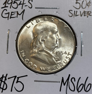 1954-S MS66 Gem Silver Franklin Half Dollar