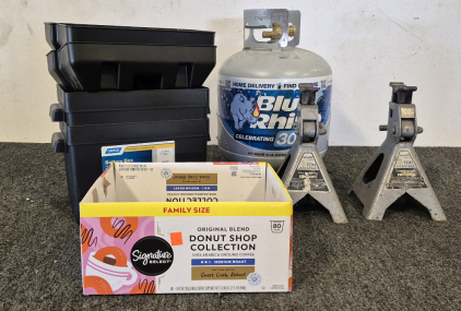 (2) 3Ton JackStands, (2) Battery Boxes, Bluetooth Rhino Propane Tank(15lbs)(Maybe Half Full) Box of Miscellaneous Screws