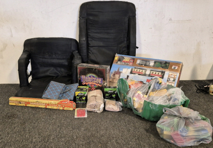 Train Set, Hand Crank Train, Kids Toy Train Set, Yahtzee 40th Anniversary Collectors Addition, (2)Slime Extra Strong (26")Self-Sealing Tubes, Bike Tire Levers, Cooler Lunch Pack, (2) Stadium Fold and Pack Seats, (2)Bags Of Medical Sprain Wraps, Bag of