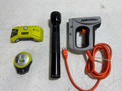 (1) Powershot Wired Staple Gun (1) Flashlight (1) Ryobi Stud Finder & (1) Ryobi AirGrip Laser Level