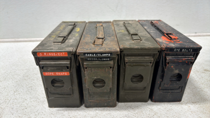 (4)Slim a Ammo Cans Full Of Assorted Items Like Gate Handles, Turn Buckles , Cable Clamps and More