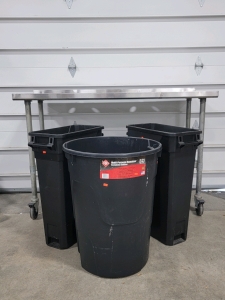 5 ft Metal Table, (3) Heavy Duty Trash Cans